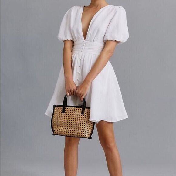 NWT Anthropologie Katerina Button-Front Mini Dress M Linen White Fit & Flare - Picture 6 of 8